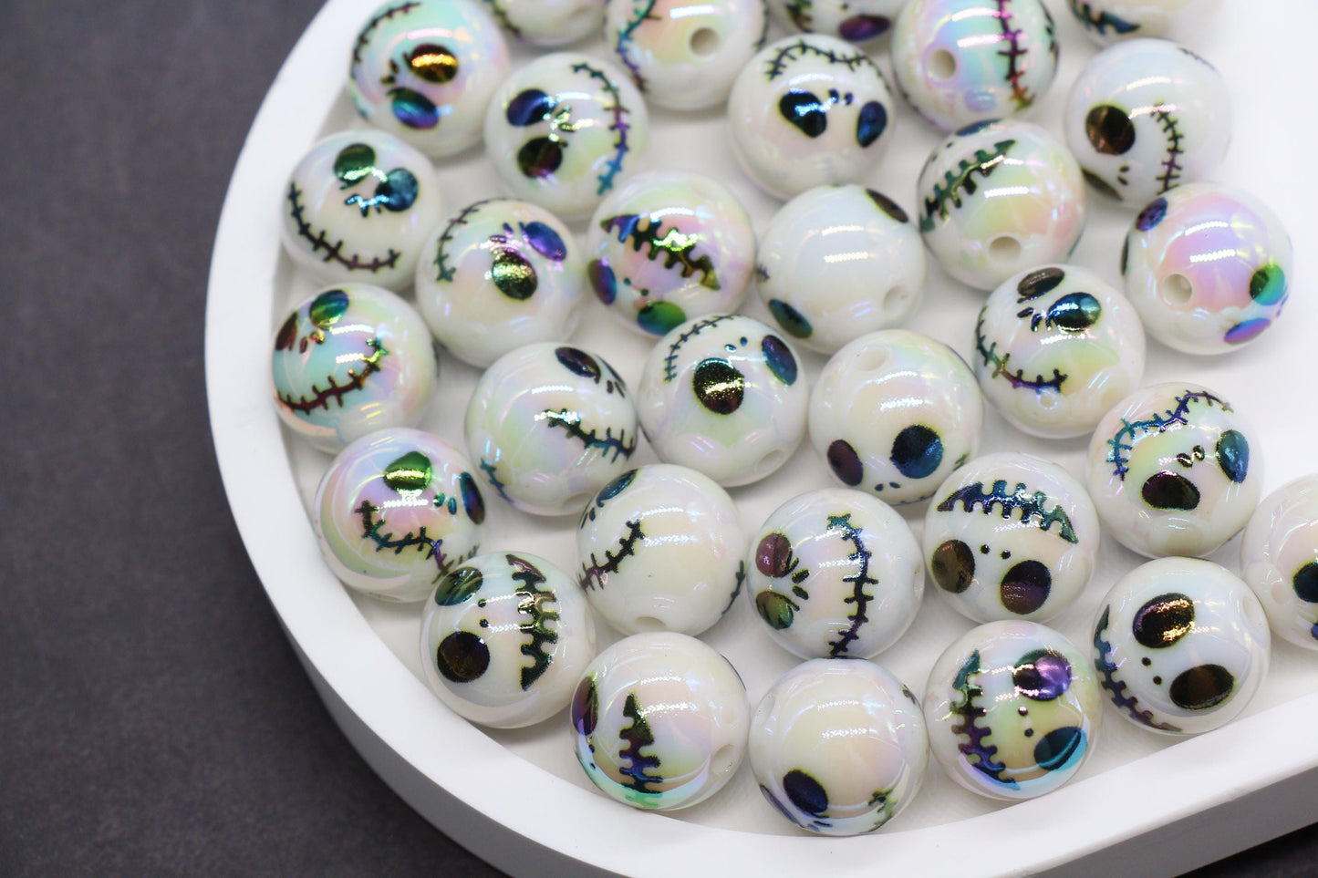 16mm Jack Skellington Print Beads, Halloween Beads, Iridescent Bubblegum Beads, Beads for Pens, Plastic Beads, Beads for Bracelets #3350
