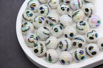 16mm Jack Skellington Print Beads, Halloween Beads, Iridescent Bubblegum Beads, Beads for Pens, Plastic Beads, Beads for Bracelets #3350