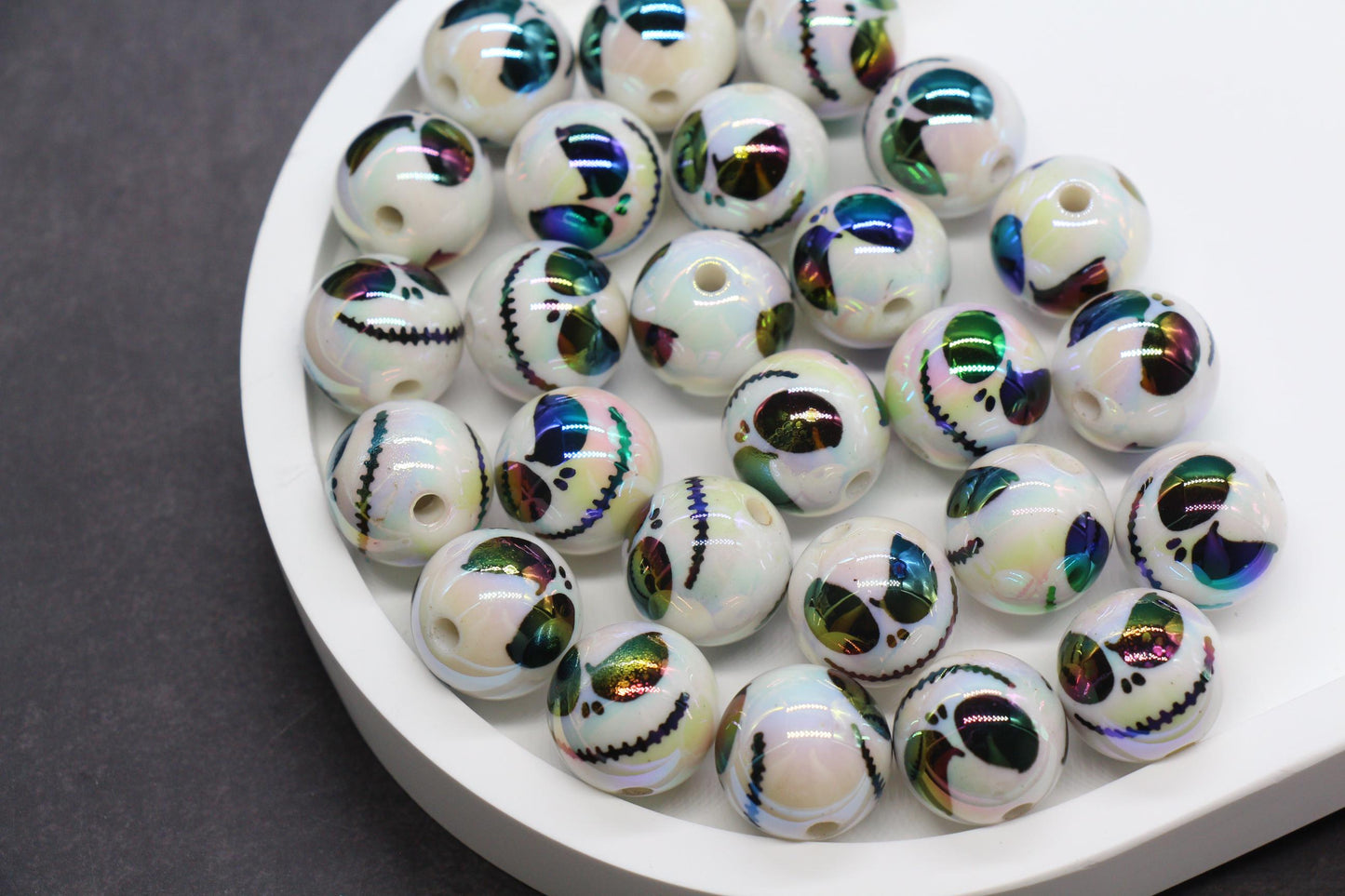 16mm Jack Skellington Print Beads, Halloween Beads, Iridescent Bubblegum Beads, Beads for Pens, Plastic Beads, Beads for Bracelets #3350