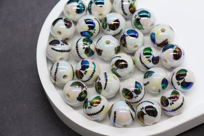 16mm Jack Skellington Print Beads, Halloween Beads, Iridescent Bubblegum Beads, Beads for Pens, Plastic Beads, Beads for Bracelets #3350