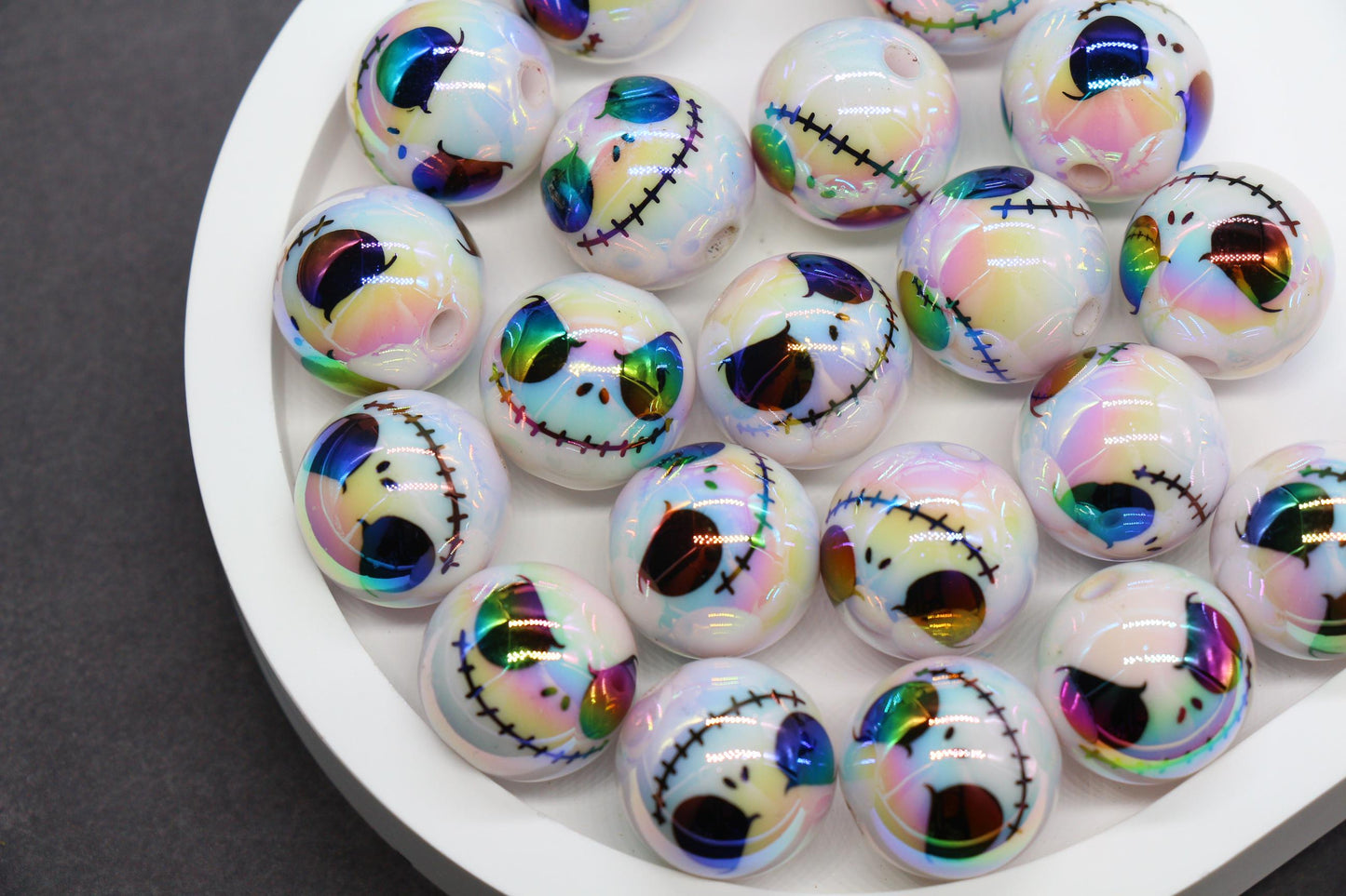 16mm Jack Skellington Print Beads, Halloween Beads, Iridescent Bubblegum Beads, Beads for Pens, Plastic Beads, Beads for Bracelets #3350