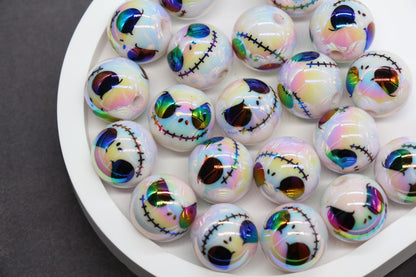 16mm Jack Skellington Print Beads, Halloween Beads, Iridescent Bubblegum Beads, Beads for Pens, Plastic Beads, Beads for Bracelets #3350