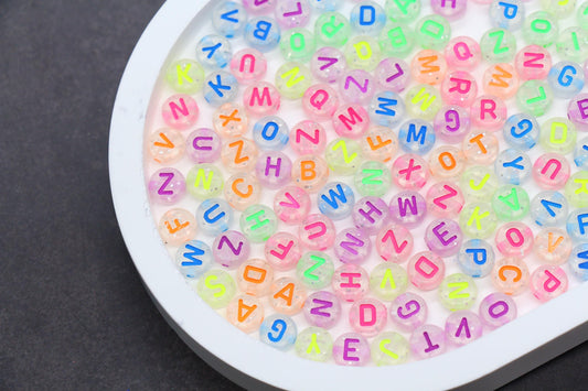 Glitter Letter Beads, Clear Acrylic Alphabet Beads with Neon Letters for Name Bracelets, Jewelry Making, DIY Crafts, Kids Bead Kits #3857