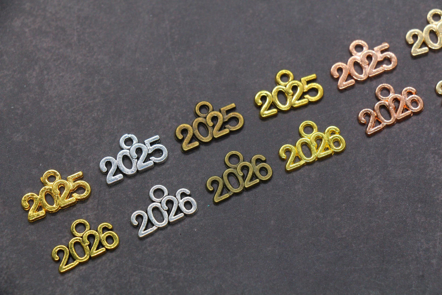 Year 2024 Charms, 2025 Charms, New Year Charms, Graduation Charms, Available in Silver, Rose Gold, Gold, Antique Gold, Bronze.