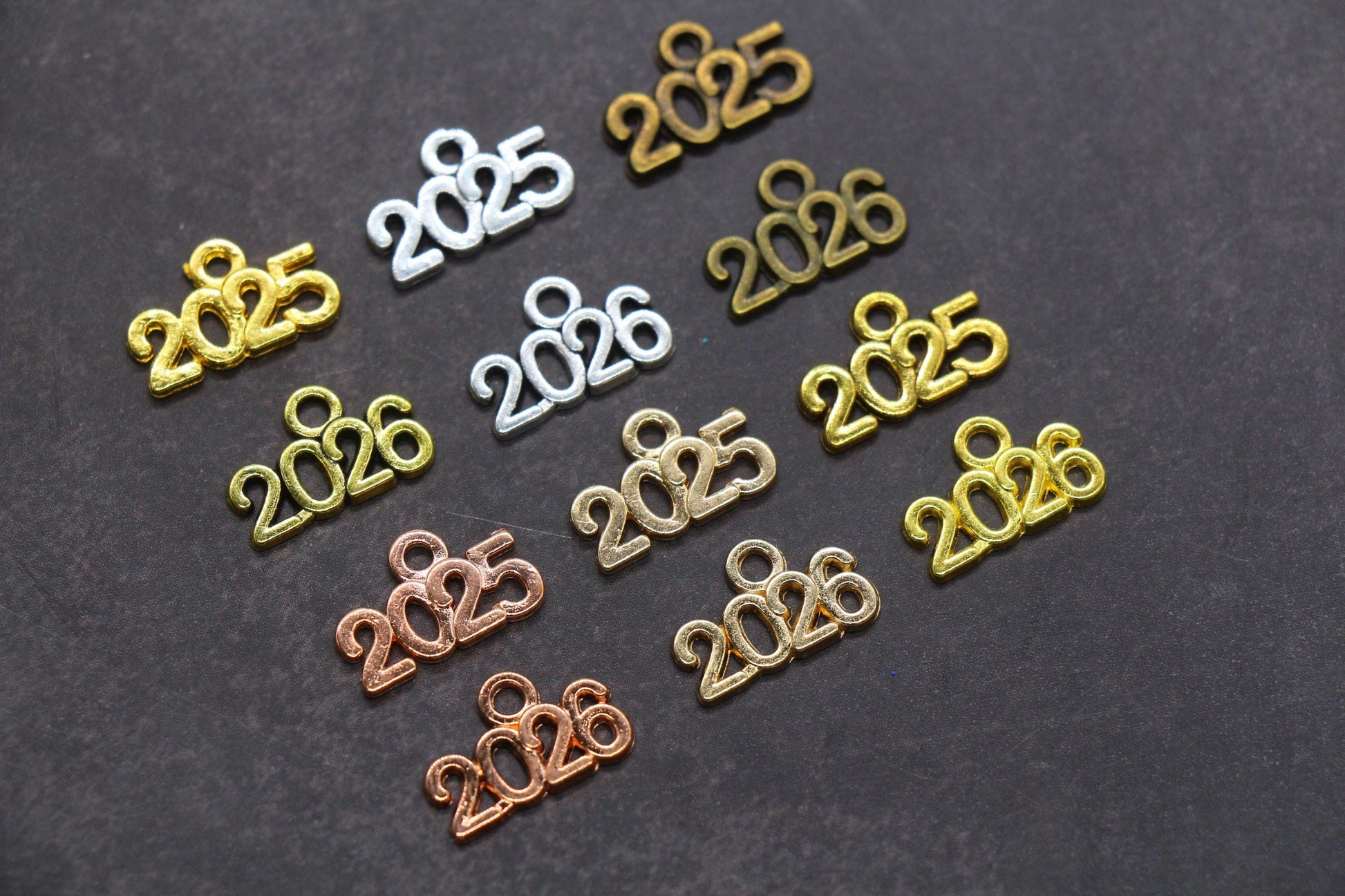 Year 2024 Charms, 2025 Charms, New Year Charms, Graduation Charms, Available in Silver, Rose Gold, Gold, Antique Gold, Bronze.