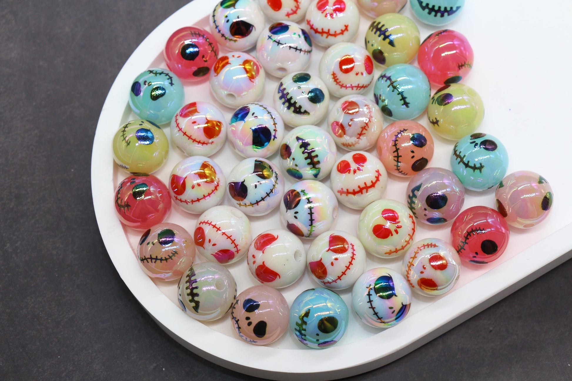 16mm Jack Skellington Print Beads, Halloween Beads, Iridescent Bubblegum Beads, Beads for Pens, Plastic Beads, Beads for Bracelets #3350