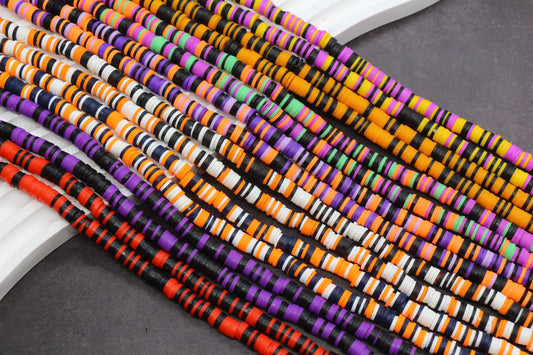 6mm Halloween Heishi Beads, Polymer Clay Flat Disc Beads, Spooky Season Beads Orange Black Purple Green, Jewelry Making Supplies
