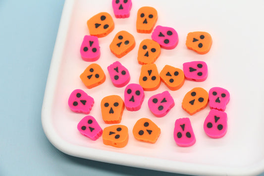 Halloween Skull Polymer Clay Beads, Orange & Pink Skull Beads for Jewelry Making, Day of the Dead Crafts, DIY Halloween Bracelets
