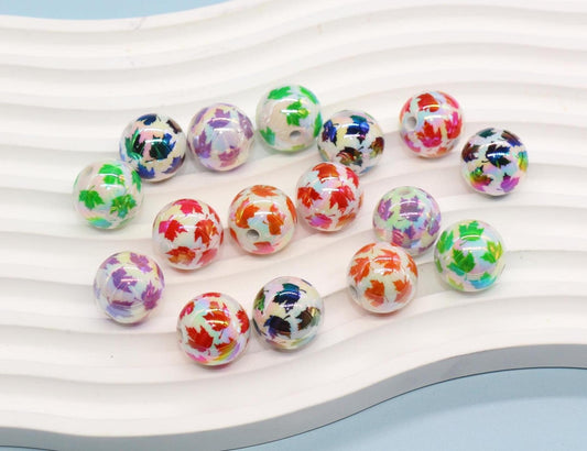 Iridescent Leaf Print Beads, 16mm Acrylic Gumball Beads, Autumn Maple Leaf Beads, Round Chunky Beads for DIY Jewelry & Craft Supplies