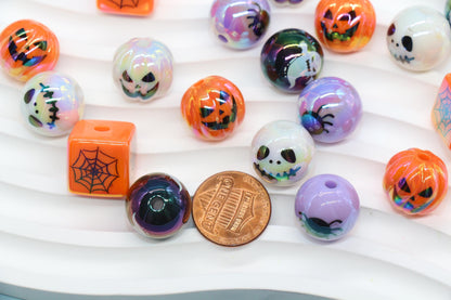 Halloween Iridescent Beads, 15mm Pumpkin Ghost Spiderweb Prints, Round and Cube Beads for DIY Jewelry, Crafts Halloween Decorations