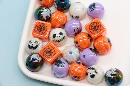 Halloween Iridescent Beads, 15mm Pumpkin Ghost Spiderweb Prints, Round and Cube Beads for DIY Jewelry, Crafts Halloween Decorations