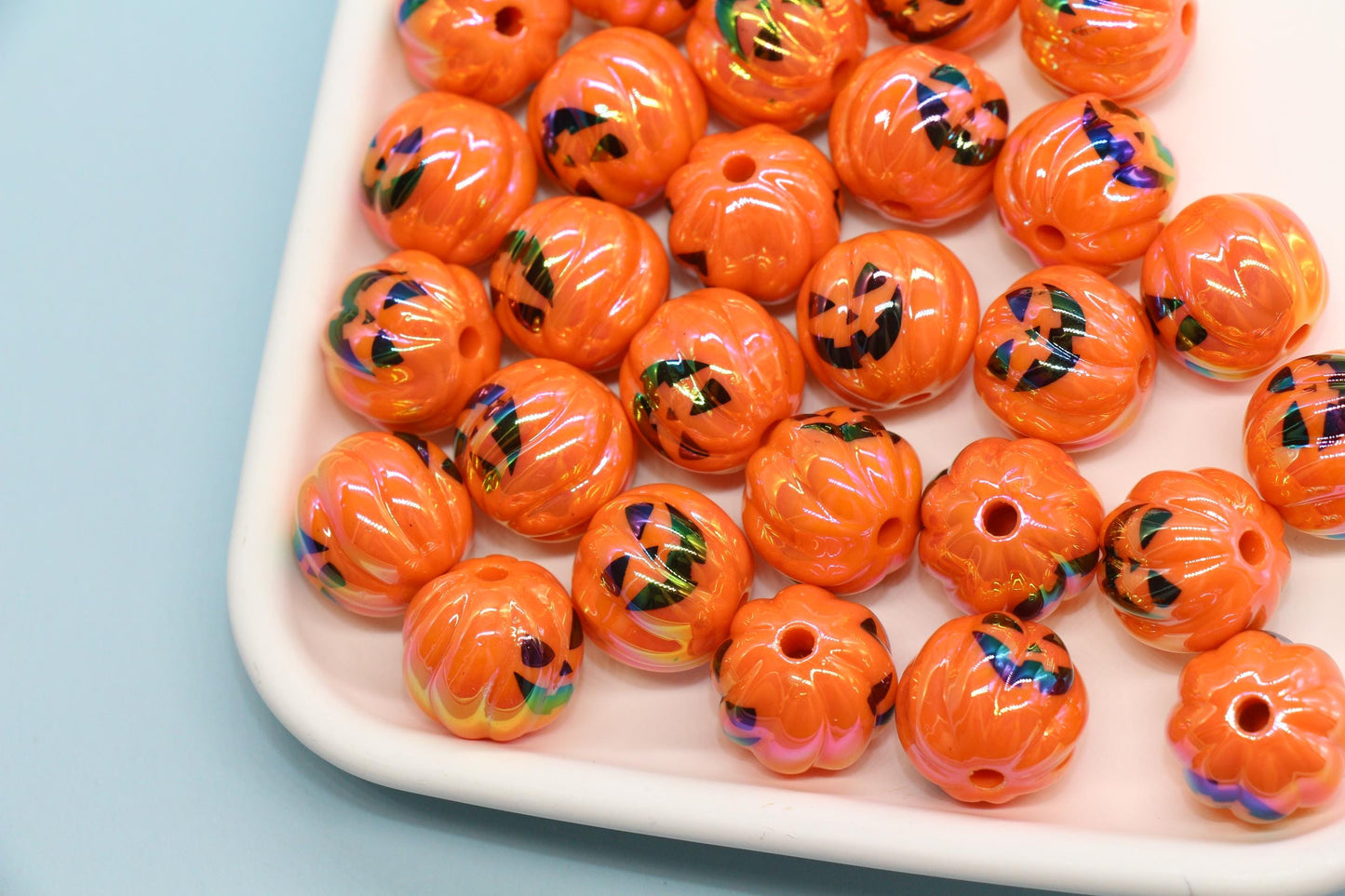 Halloween Iridescent Beads, 15mm Pumpkin Ghost Spiderweb Prints, Round and Cube Beads for DIY Jewelry, Crafts Halloween Decorations