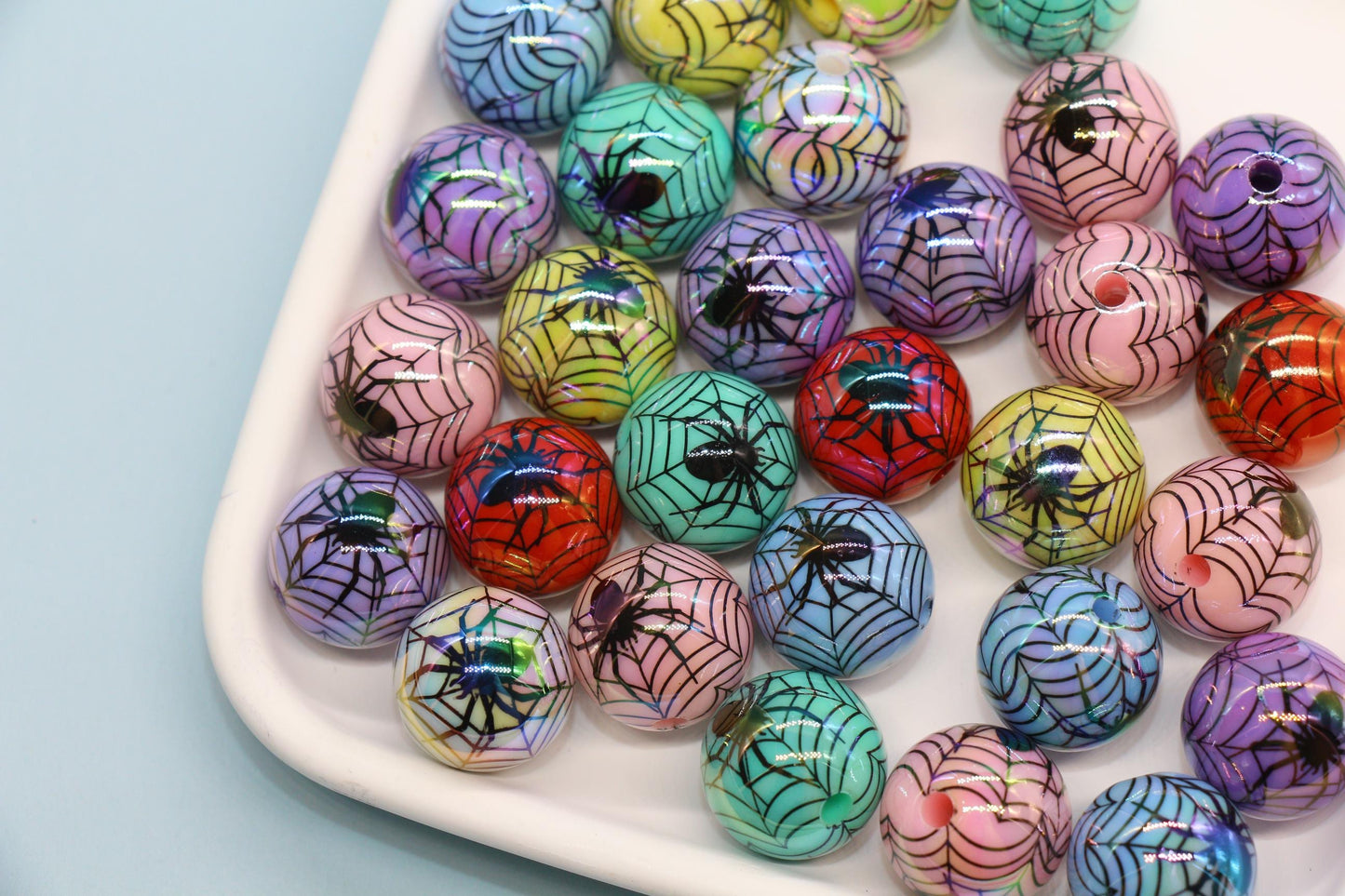 Halloween Iridescent Beads, 16mm Spiderweb Prints, Chunky Beads for DIY Jewelry, Spooky Crafts, Halloween Decorations
