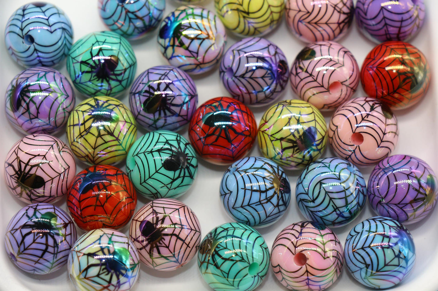 Halloween Iridescent Beads, 16mm Spiderweb Prints, Chunky Beads for DIY Jewelry, Spooky Crafts, Halloween Decorations
