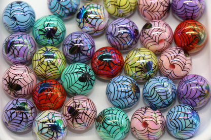 Halloween Iridescent Beads, 16mm Spiderweb Prints, Chunky Beads for DIY Jewelry, Spooky Crafts, Halloween Decorations