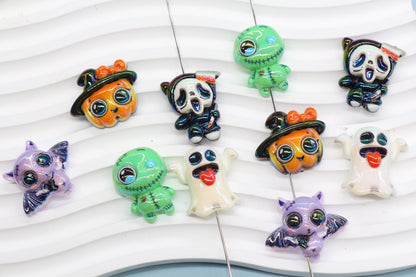 Halloween Flat Back Beads, Iridescent Spooky Characters Mix, Ghost Bat Pumpkin Monster, Acrylic Bubblegum Beads, Halloween Jewelry Supplies