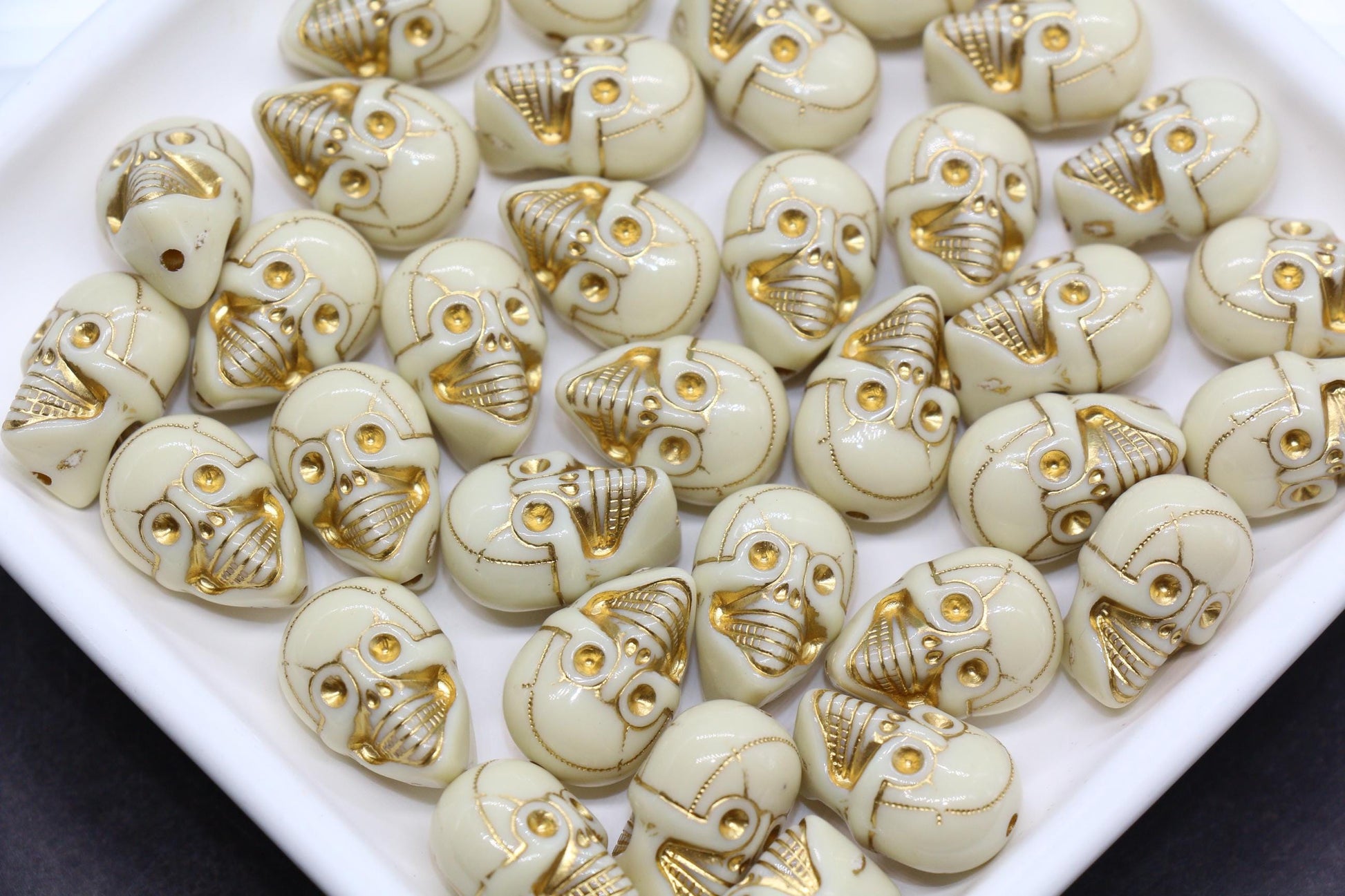 Gold Skull Beads, Ivory Acrylic Skeleton Beads with Metallic Gold Detailing for Halloween Jewelry, Spooky Craft Supplies #3875