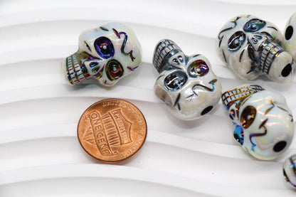 Iridescent Skull Beads, Acrylic Halloween Beads with Rainbow Metallic Accents, Spooky Jewelry Findings, Skeleton Craft Supplies #3876