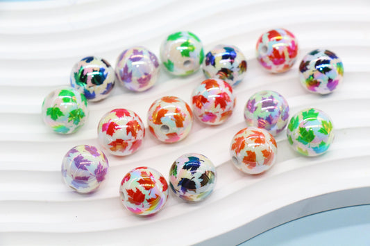 Iridescent Leaf Print Beads, 16mm Acrylic Gumball Beads, Autumn Maple Leaf Beads, Round Chunky Beads for DIY Jewelry & Craft Supplies