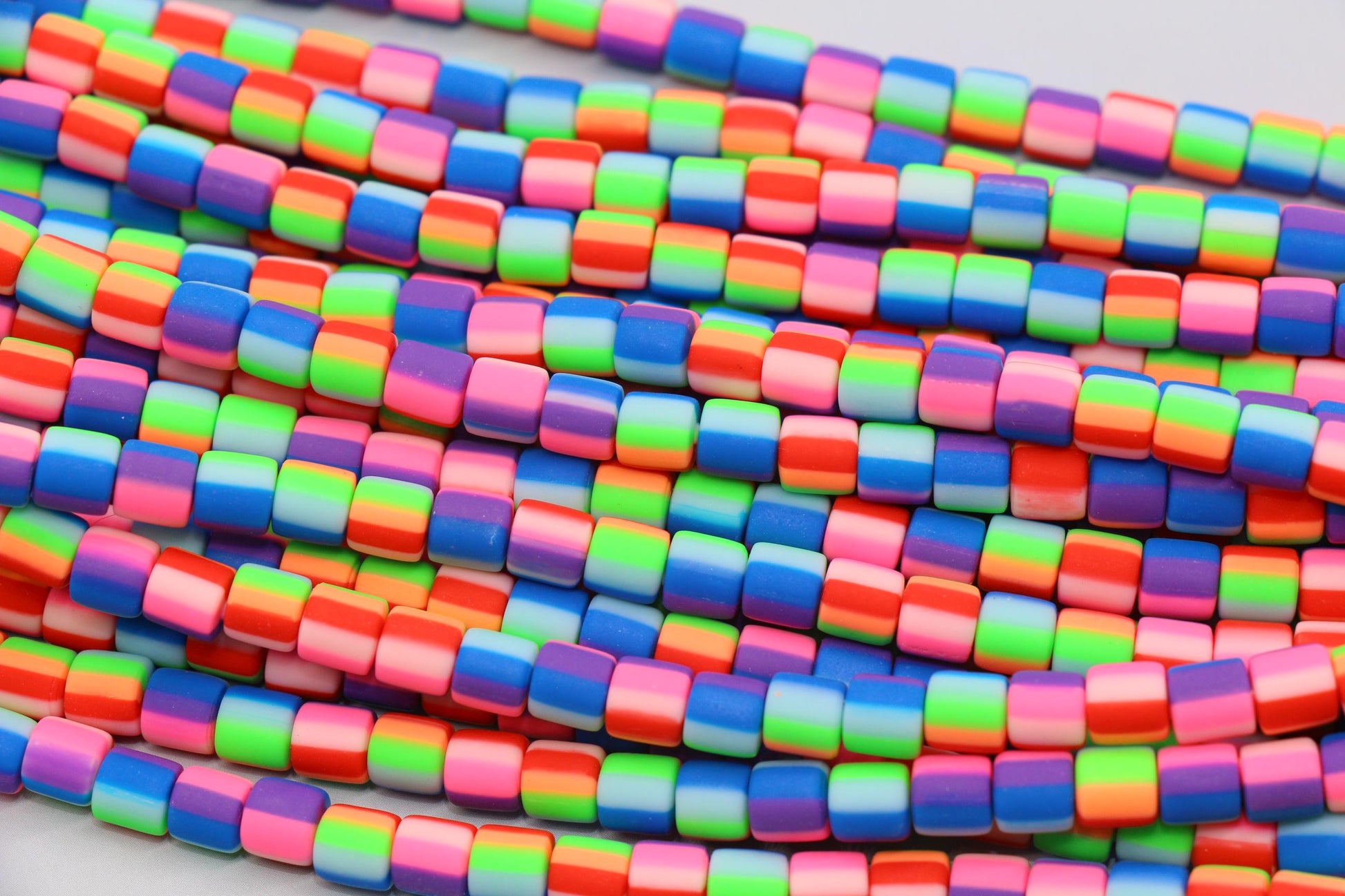 6mm Wide Column Chunky Polymer Clay Beads, Rainbow Striped Heishi Spacer Beads, Clay Tube Beads, Barrel Beads Heishi Beads #850