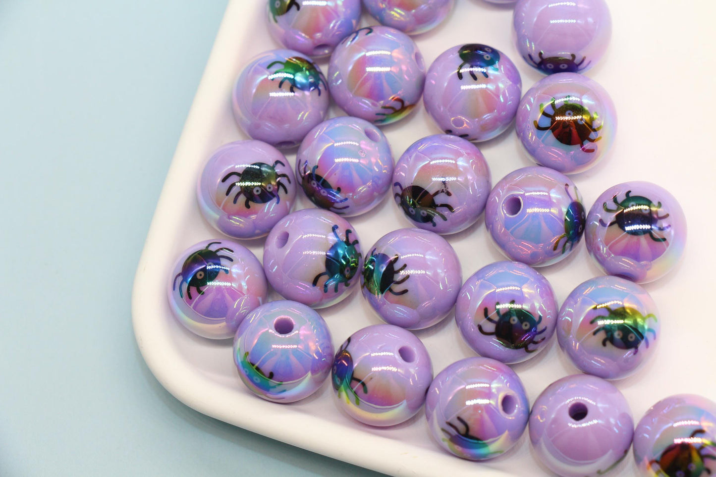 Halloween Iridescent Beads, 15mm Pumpkin Ghost Spiderweb Prints, Round and Cube Beads for DIY Jewelry, Crafts Halloween Decorations