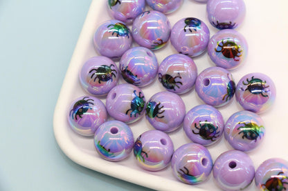Halloween Iridescent Beads, 15mm Pumpkin Ghost Spiderweb Prints, Round and Cube Beads for DIY Jewelry, Crafts Halloween Decorations