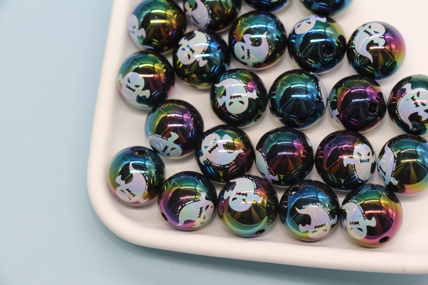 Halloween Iridescent Beads, 15mm Pumpkin Ghost Spiderweb Prints, Round and Cube Beads for DIY Jewelry, Crafts Halloween Decorations