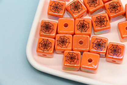 Halloween Iridescent Beads, 15mm Pumpkin Ghost Spiderweb Prints, Round and Cube Beads for DIY Jewelry, Crafts Halloween Decorations