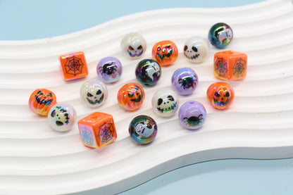 Halloween Iridescent Beads, 15mm Pumpkin Ghost Spiderweb Prints, Round and Cube Beads for DIY Jewelry, Crafts Halloween Decorations