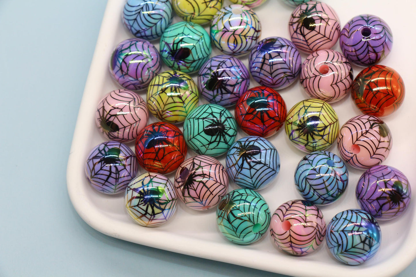 Halloween Iridescent Beads, 16mm Spiderweb Prints, Chunky Beads for DIY Jewelry, Spooky Crafts, Halloween Decorations