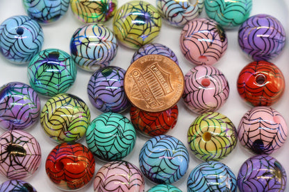 Halloween Iridescent Beads, 16mm Spiderweb Prints, Chunky Beads for DIY Jewelry, Spooky Crafts, Halloween Decorations