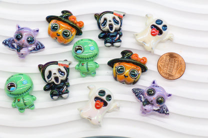 Halloween Flat Back Beads, Iridescent Spooky Characters Mix, Ghost Bat Pumpkin Monster, Acrylic Bubblegum Beads, Halloween Jewelry Supplies