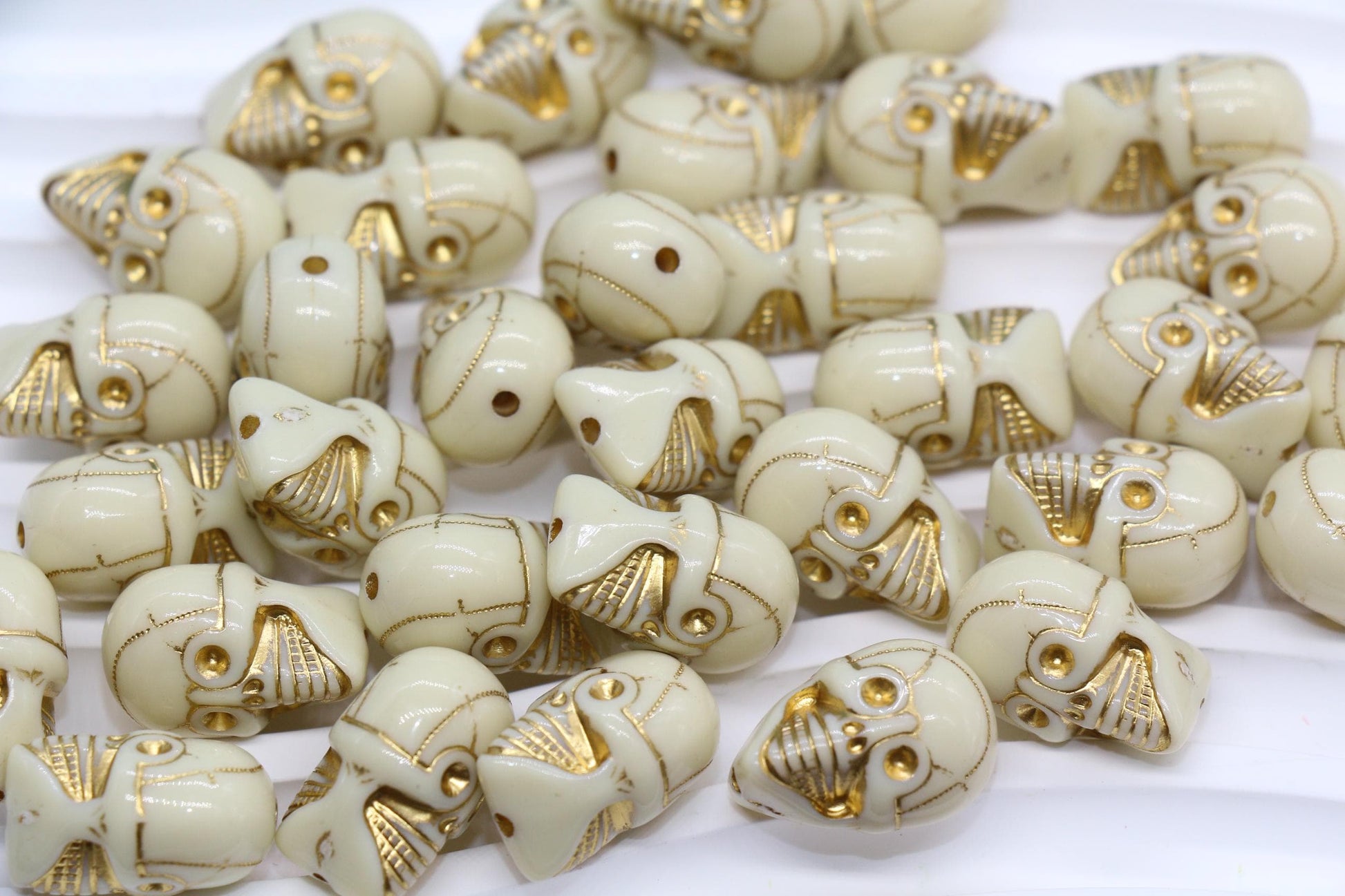 Gold Skull Beads, Ivory Acrylic Skeleton Beads with Metallic Gold Detailing for Halloween Jewelry, Spooky Craft Supplies #3875