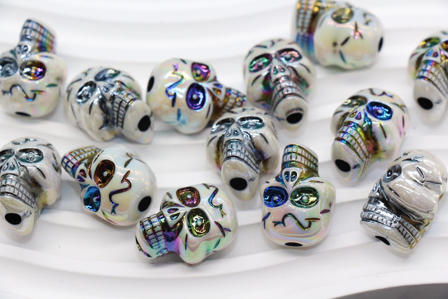 Iridescent Skull Beads, Acrylic Halloween Beads with Rainbow Metallic Accents, Spooky Jewelry Findings, Skeleton Craft Supplies #3876