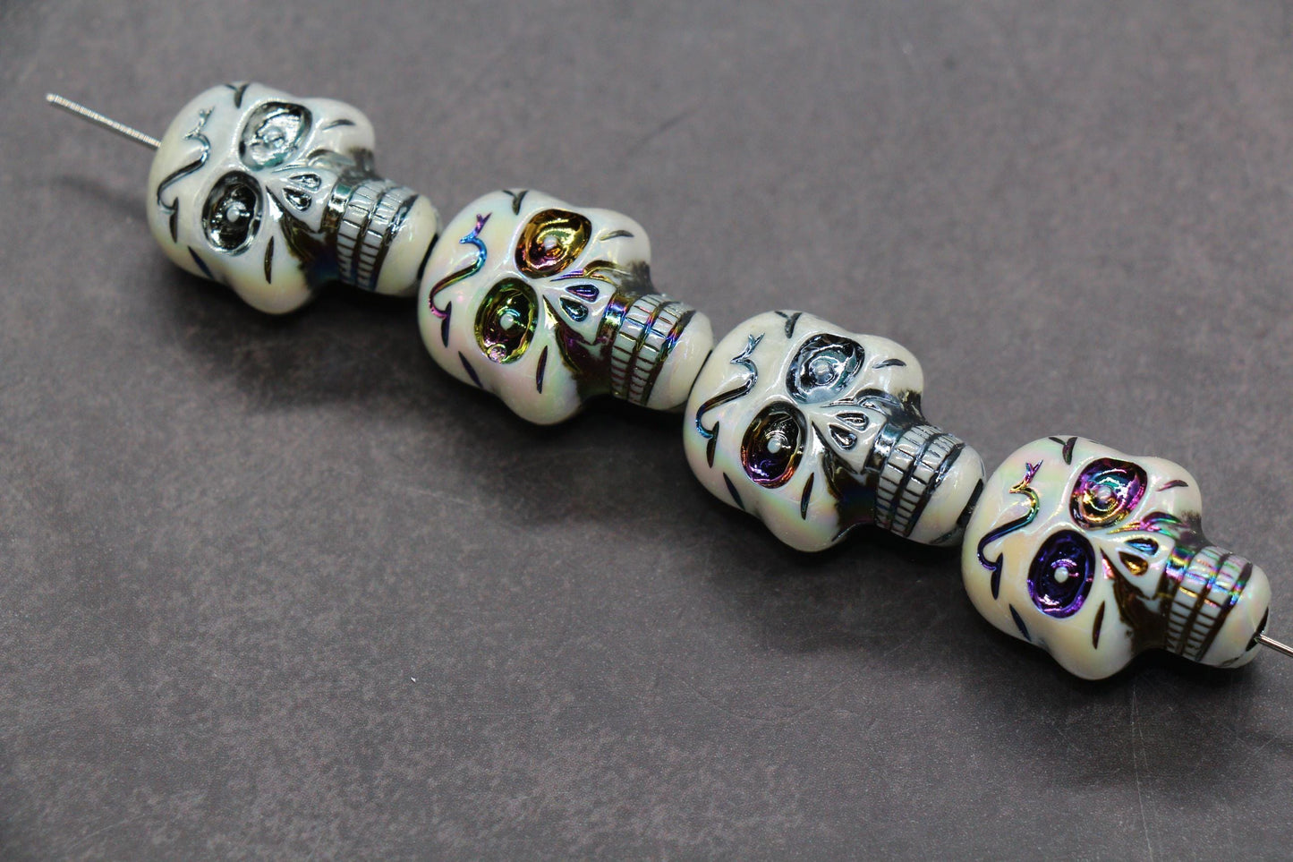 Iridescent Skull Beads, Acrylic Halloween Beads with Rainbow Metallic Accents, Spooky Jewelry Findings, Skeleton Craft Supplies #3876