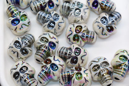 Iridescent Skull Beads, Acrylic Halloween Beads with Rainbow Metallic Accents, Spooky Jewelry Findings, Skeleton Craft Supplies #3876