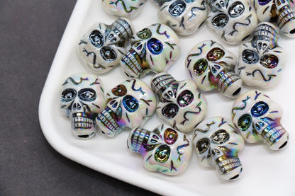 Iridescent Skull Beads, Acrylic Halloween Beads with Rainbow Metallic Accents, Spooky Jewelry Findings, Skeleton Craft Supplies #3876