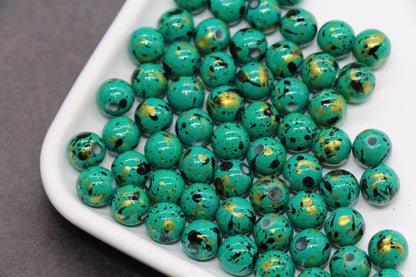 10mm Splatter Painted Acrylic Beads, Round Glossy Beads with Gold and Black Speckle for Jewelry Making, DIY Crafts