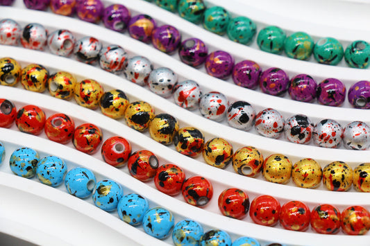 8mm Splatter Painted Acrylic Beads, Round Glossy Beads with Gold and Black Speckle for Jewelry Making, DIY Crafts