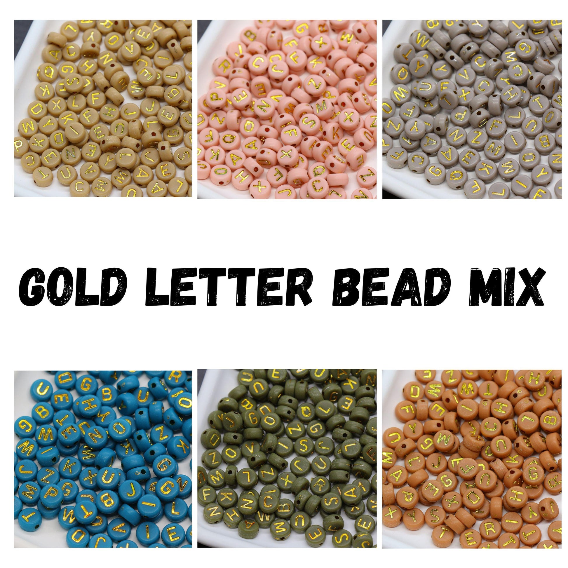 Mixed Gold Letter Beads, Round Plastic Alphabet Beads for Jewelry Making, Bright Colorful DIY Beads for Bracelets, Necklaces, Custom Names