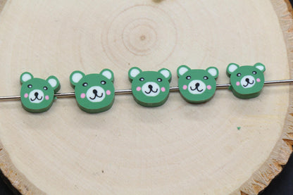 Green Bear Beads for Bracelets, Cute Animal Face Polymer Clay Beads, Kawaii Bear Beads for Jewelry Making, DIY Bracelet Supplies #404