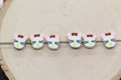 Cat Beads for Bracelets, White Kitty Polymer Clay Beads with Bow, Cute Animal Face Beads for Jewelry Making, DIY Craft Supplies#199