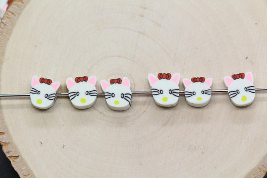 Cat Beads for Bracelets, White Kitty Polymer Clay Beads with Bow, Cute Animal Face Beads for Jewelry Making, DIY Craft Supplies#199