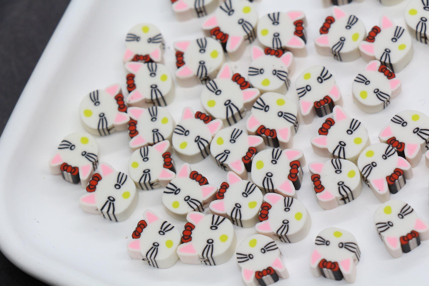 Cat Beads for Bracelets, White Kitty Polymer Clay Beads with Bow, Cute Animal Face Beads for Jewelry Making, DIY Craft Supplies#199