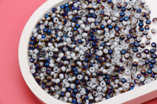 Metallic Blue and White Ombre Glass Seed Beads 4mm, Shiny Round Beads for Jewelry Making, Seed Beads, Beading Supplies #3117