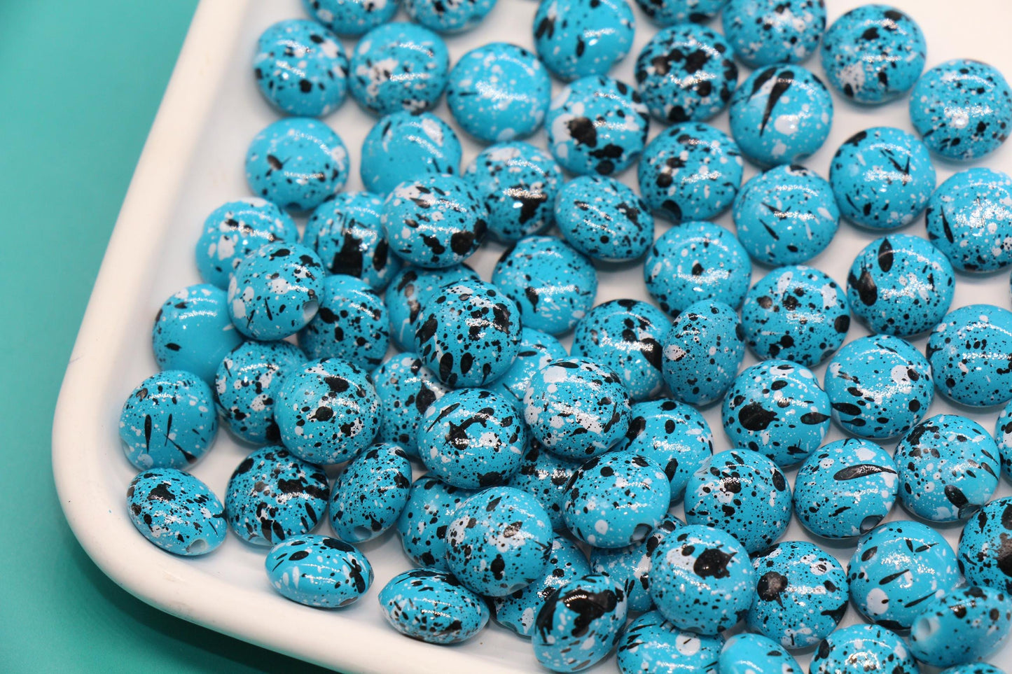 Turquoise Speckled Round Beads, Paint Splatter Plastic Beads #2032