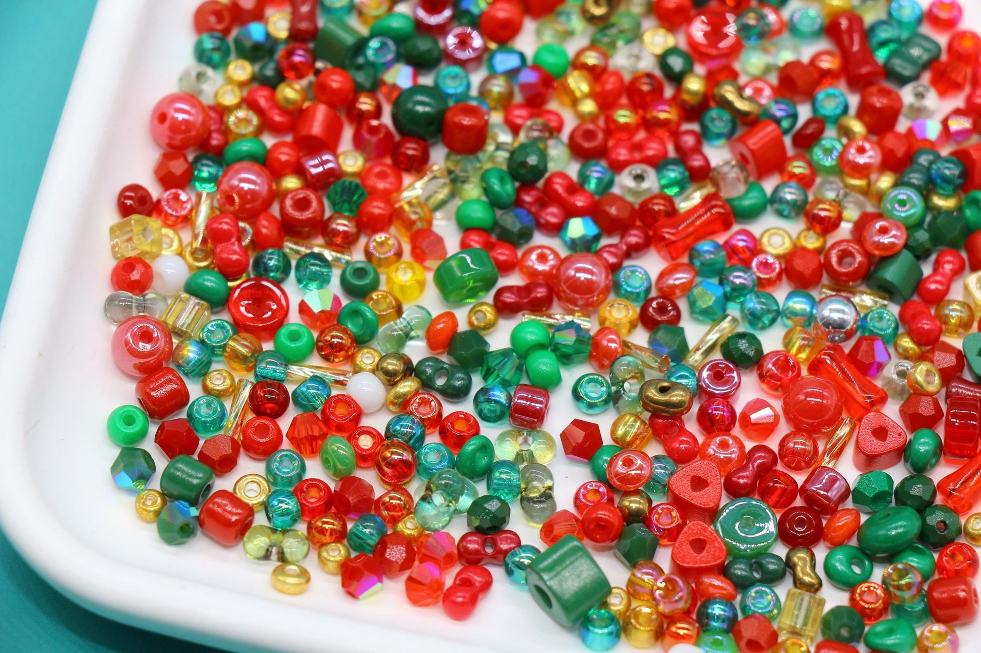 Red Green & Gold Glass Beads Mix, 4mm Assorted Glass Beads for DIY Jewelry #2286
