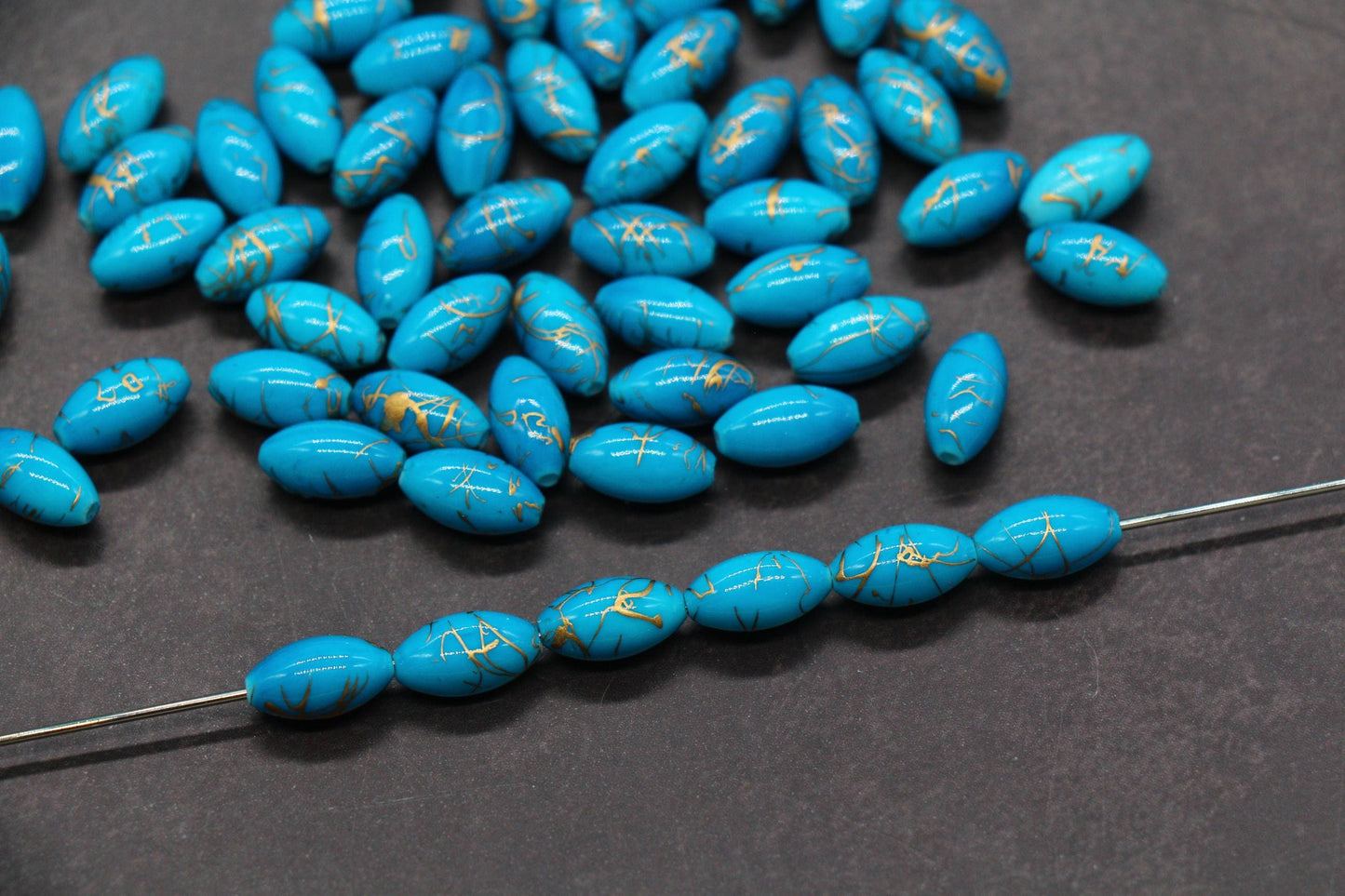 Blue Oval Beads with Gold Veins, Oval Spacer Beads for Jewelry Making #2910