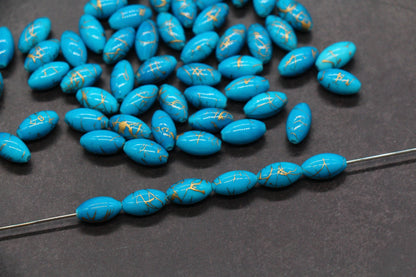 Blue Oval Beads with Gold Veins, Oval Spacer Beads for Jewelry Making #2910