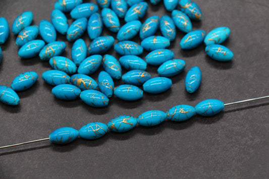 Blue Oval Beads with Gold Veins, Oval Spacer Beads for Jewelry Making #2910